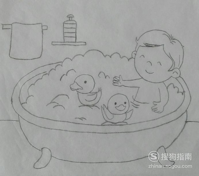 如何画洗澡的小男孩的简笔画
